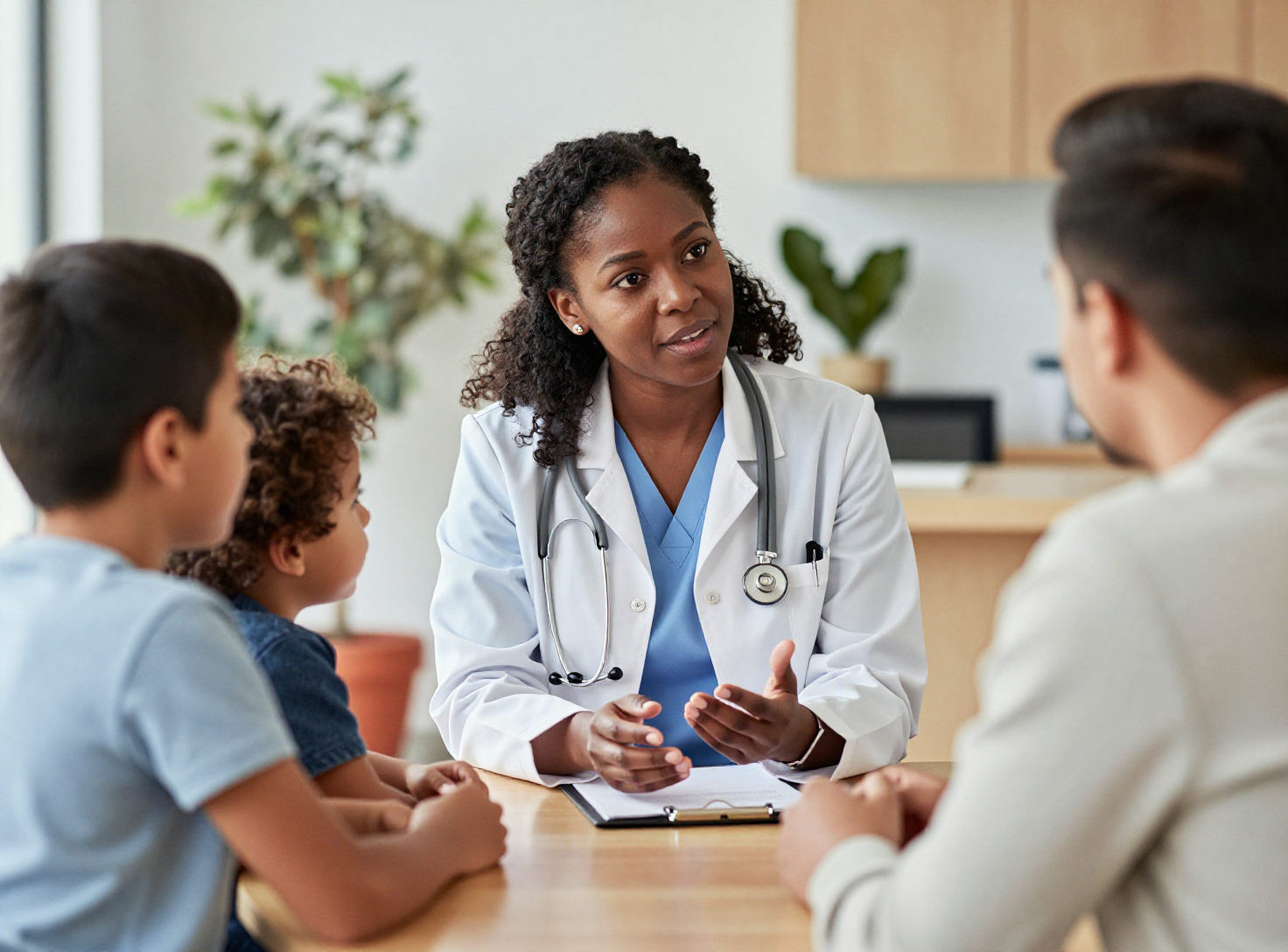 A healthcare navigator guiding a young family through care options in a warm, welcoming office setting